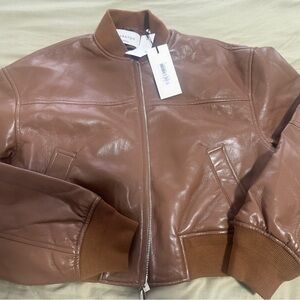 Aritzia Tan Leather Bomber Jacket